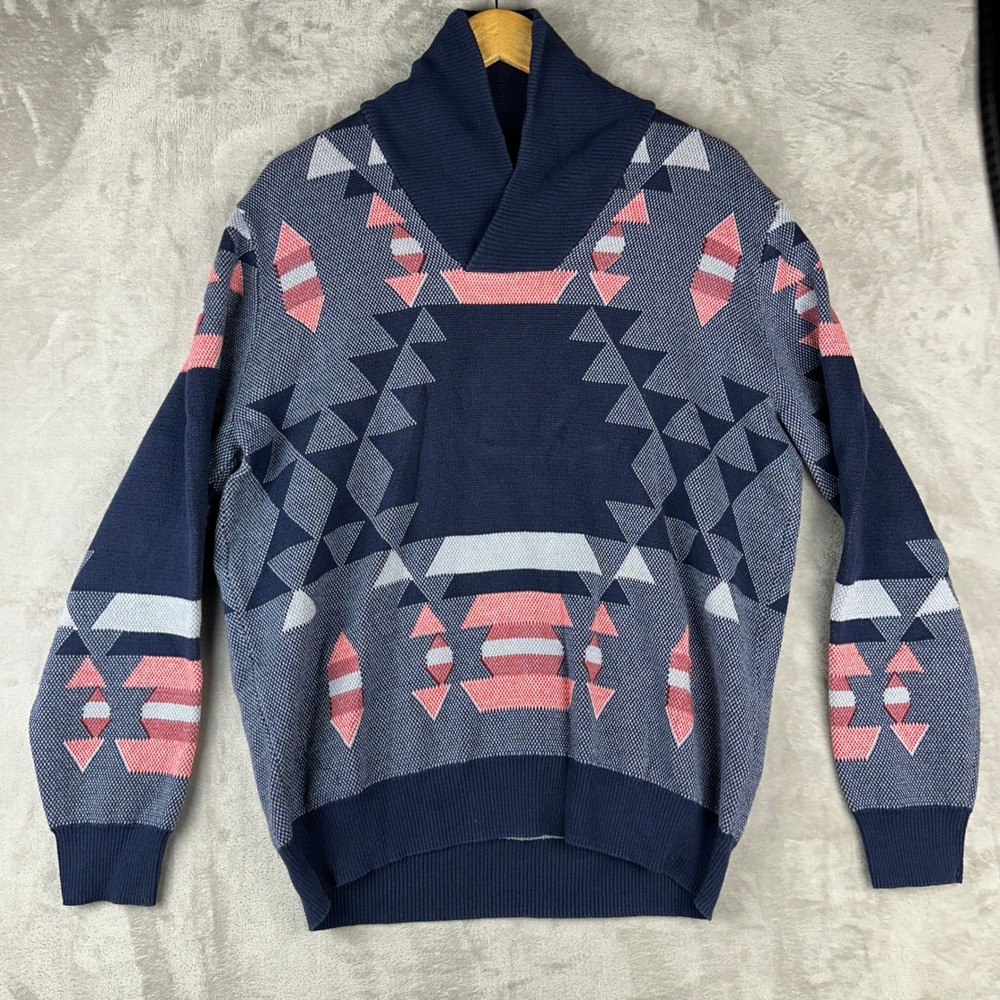 SUN STONE Mens Large Navajo Geometric Shawl Collar Sweater Navy Pink White